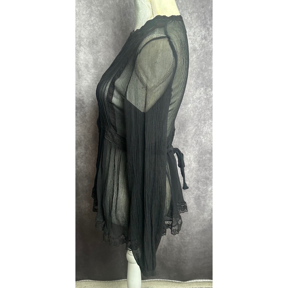 Y2K Hannah Jo Black Sheer Lace Silk Blouse Romantic Whimsigoth Babydoll Top XS/S - Picture 3 of 13